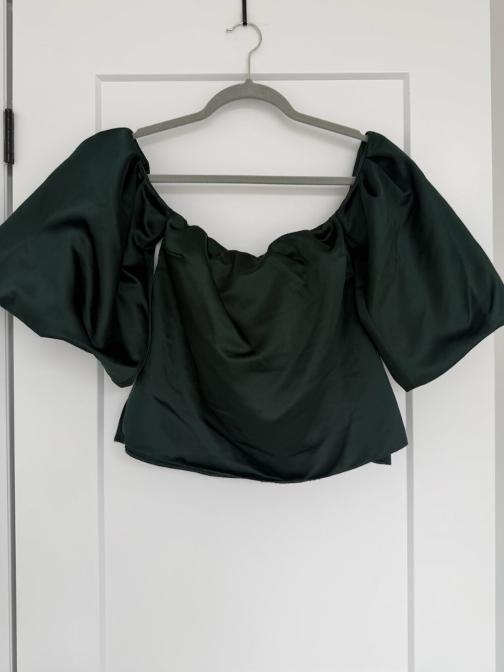 Zara Dark Green Satin Top With Puff Sleeves